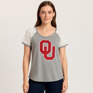 Easel Kickoff Couture Scoop Neck Short Lace Sleeve OU Graphic T-Shirt Womens M